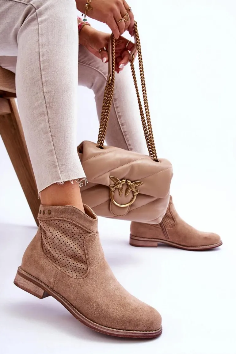 Damskie Zamszowe Botki Na Płaskim Obcasie Beżowe Liana