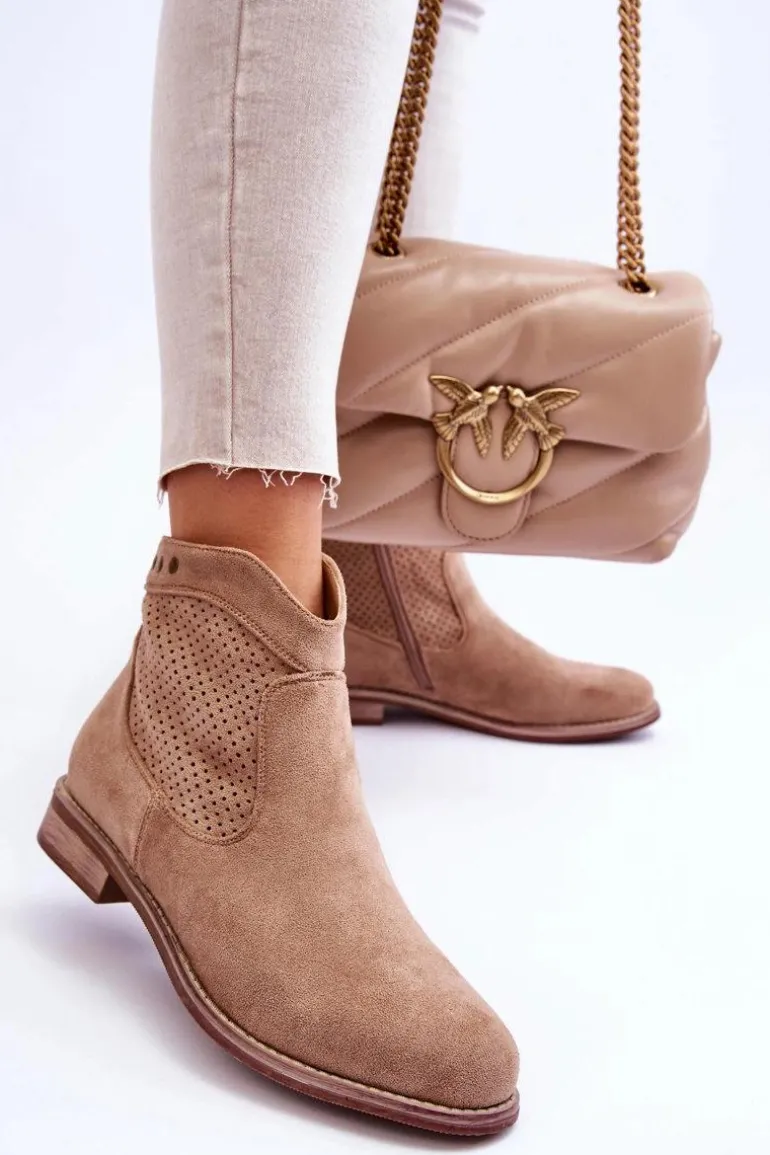 Damskie Zamszowe Botki Na Płaskim Obcasie Beżowe Liana