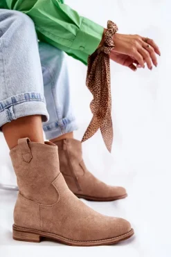 Damskie Zamszowe Botki Na Płaskim Obcasie Beżowe Fiorenz