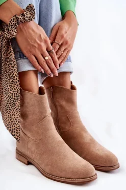 Damskie Zamszowe Botki Na Płaskim Obcasie Beżowe Fiorenz