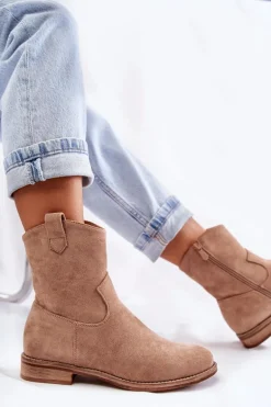 Damskie Zamszowe Botki Na Płaskim Obcasie Beżowe Fiorenz