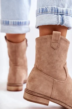 Damskie Zamszowe Botki Na Płaskim Obcasie Beżowe Fiorenz