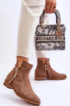 Damskie Zamszowe Botki Na Suwak Beżowe Belliano