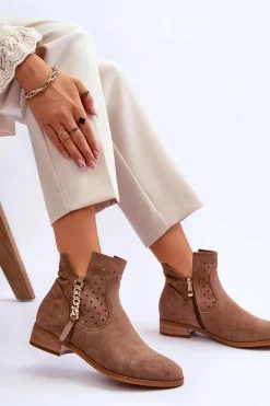 Damskie Zamszowe Botki Na Suwak Beżowe Belliano