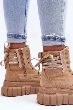 Damskie Zamszowe Botki Na Platformie Beżowe Raftera