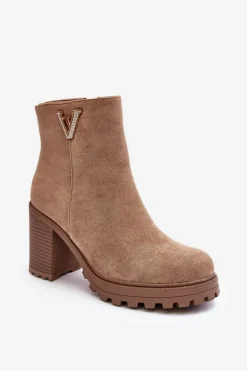 Damskie Zamszowe Botki Na Słupku Z Ozdobą Beżowe Strong