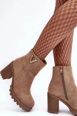 Damskie Zamszowe Botki Na Słupku Z Ozdobą Beżowe Strong