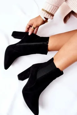 Damskie Zamszowe Botki Na Słupku Czarne Kastren