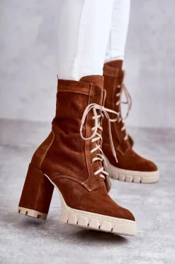 Damskie Zamszowe Botki Na Platformie Brązowe Edna