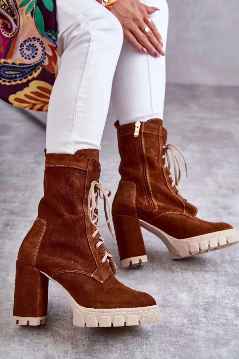 Damskie Zamszowe Botki Na Platformie Brązowe Edna