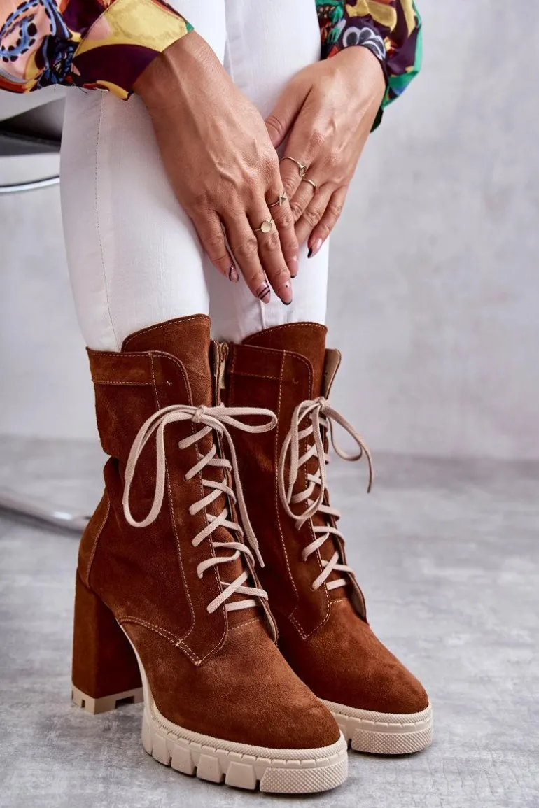 Damskie Zamszowe Botki Na Platformie Brązowe Edna