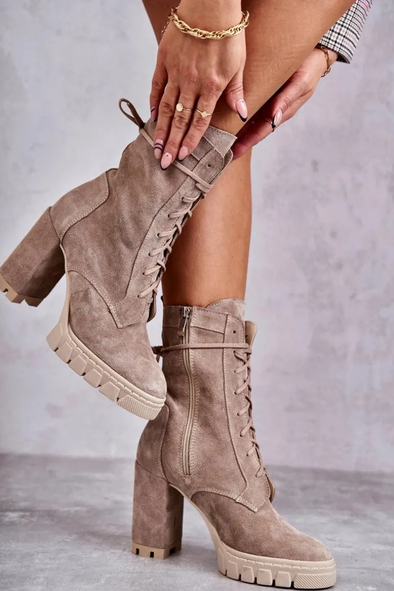 Damskie Zamszowe Botki Na Platformie Beżowe Edna