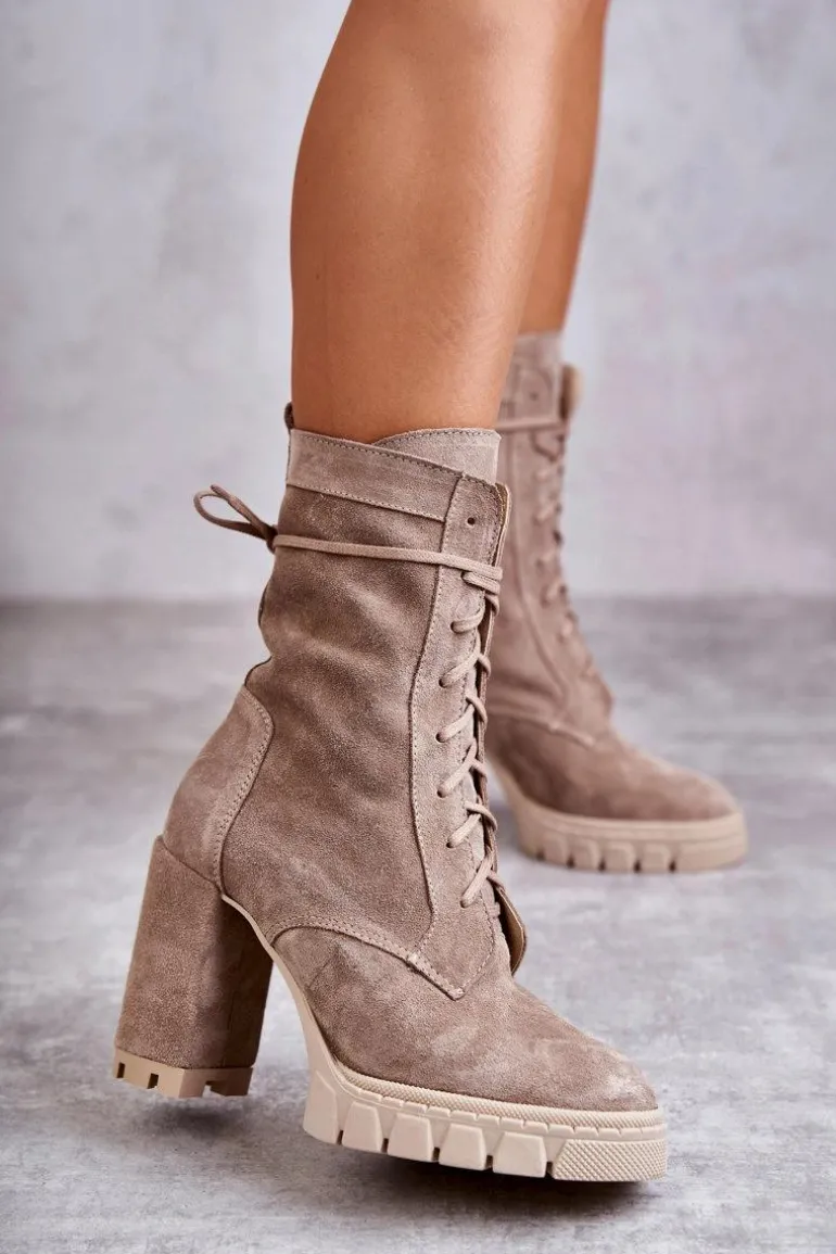 Damskie Zamszowe Botki Na Platformie Beżowe Edna