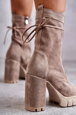 Damskie Zamszowe Botki Na Platformie Beżowe Edna