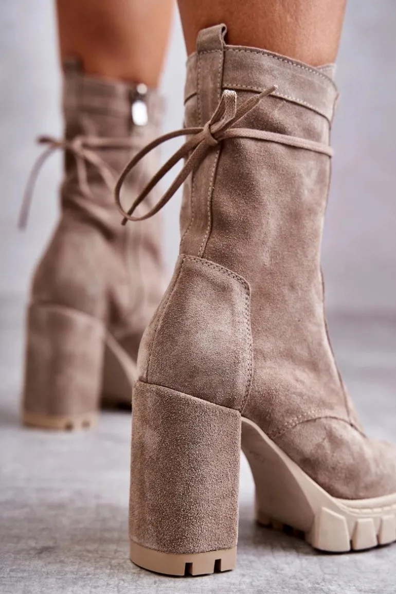 Damskie Zamszowe Botki Na Platformie Beżowe Edna