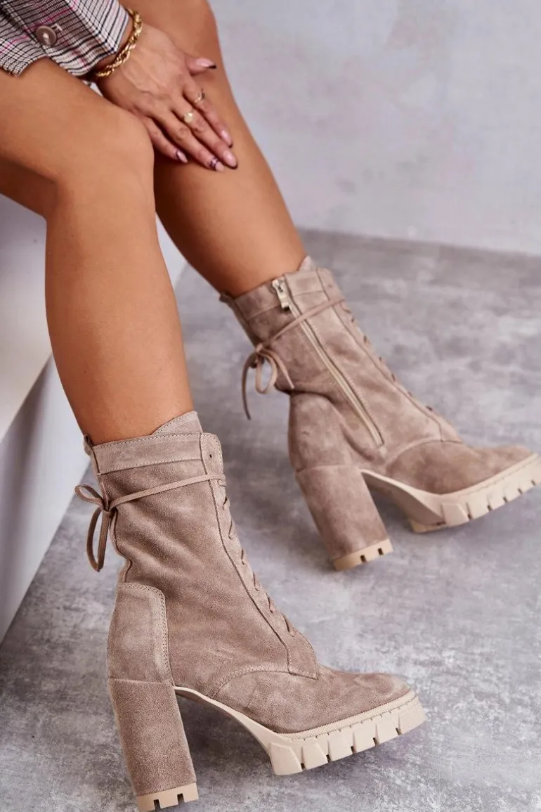 Damskie Zamszowe Botki Na Platformie Beżowe Edna