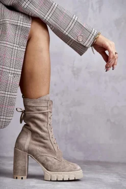 Damskie Zamszowe Botki Na Platformie Beżowe Edna