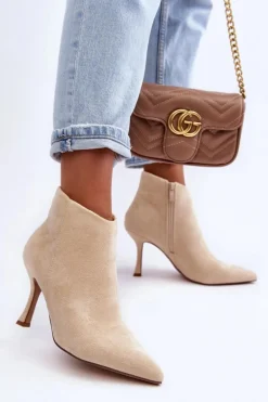 Damskie Zamszowe Botki Na Szpilce Jasnobeżowe Merisa