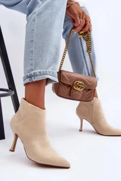 Damskie Zamszowe Botki Na Szpilce Jasnobeżowe Merisa