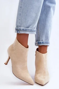 Damskie Zamszowe Botki Na Szpilce Jasnobeżowe Merisa