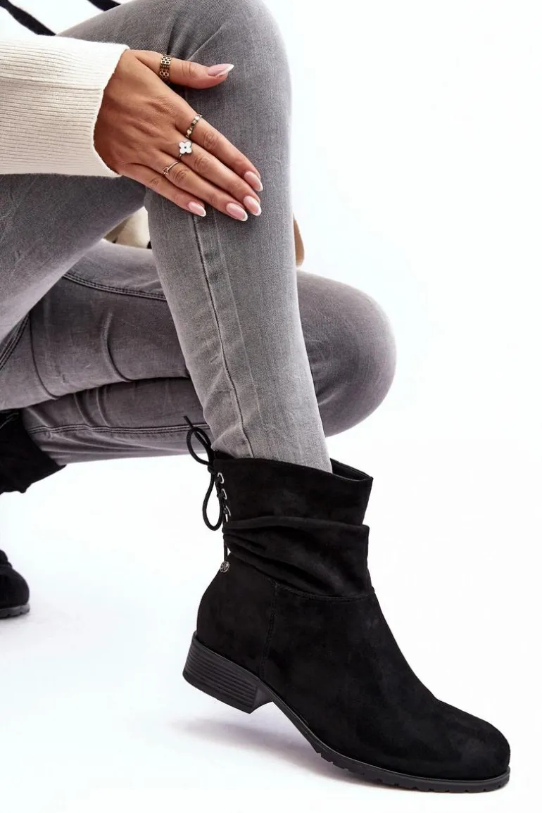 Damskie Zamszowe Botki Na Płaskim Obcasie Czarne Keresa