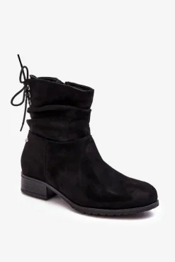 Damskie Zamszowe Botki Na Płaskim Obcasie Czarne Keresa