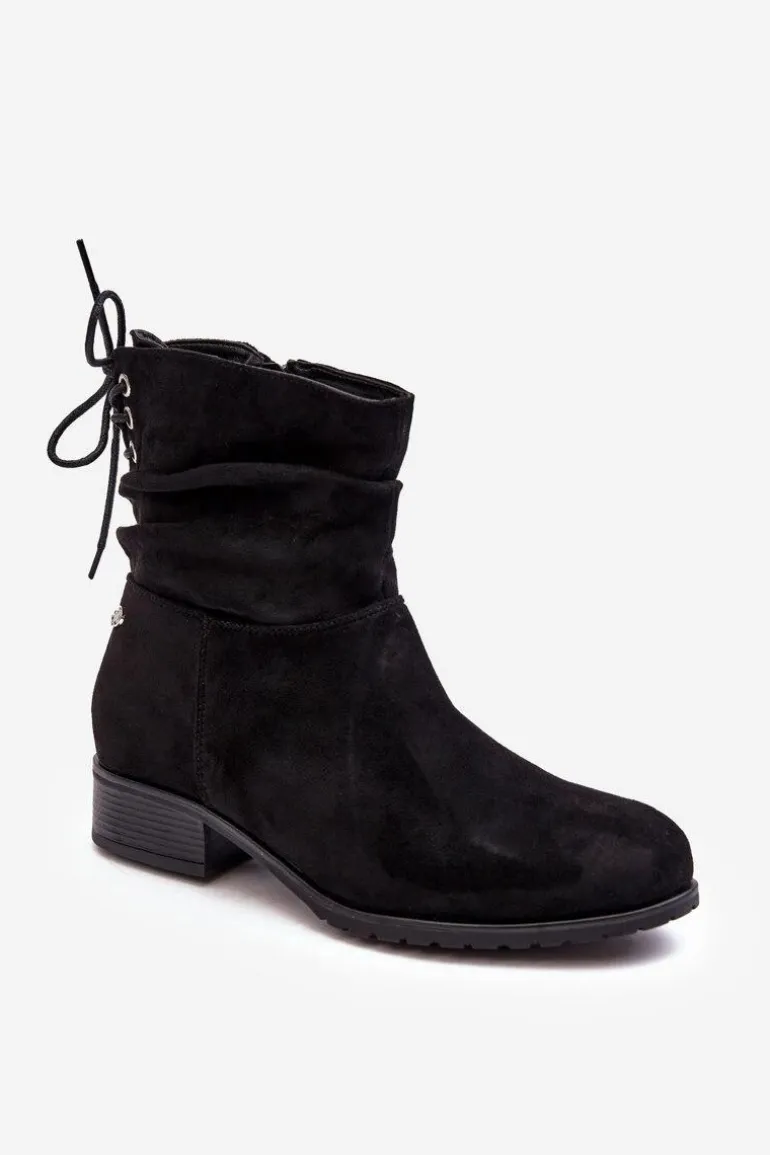 Damskie Zamszowe Botki Na Płaskim Obcasie Czarne Keresa