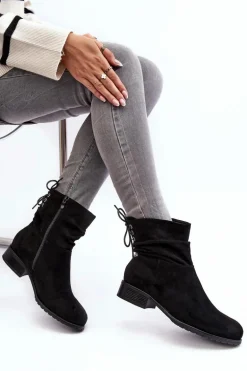 Damskie Zamszowe Botki Na Płaskim Obcasie Czarne Keresa