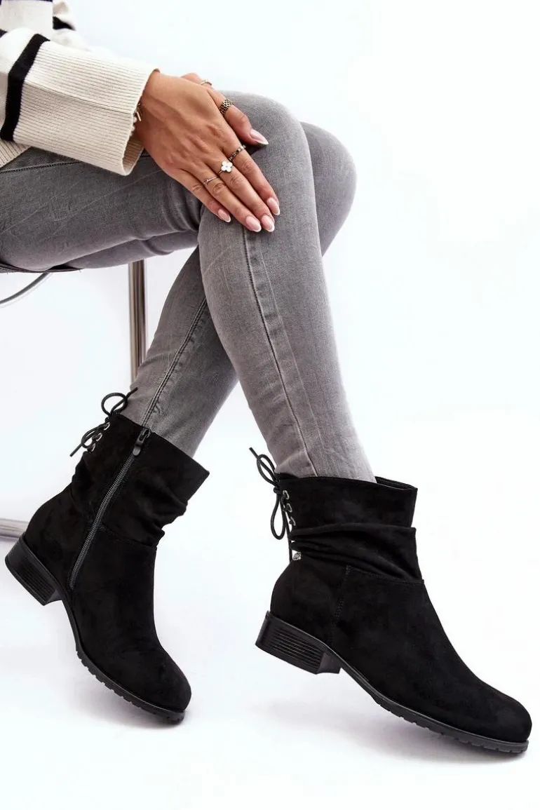 Damskie Zamszowe Botki Na Płaskim Obcasie Czarne Keresa