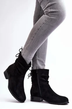 Damskie Zamszowe Botki Na Płaskim Obcasie Czarne Keresa