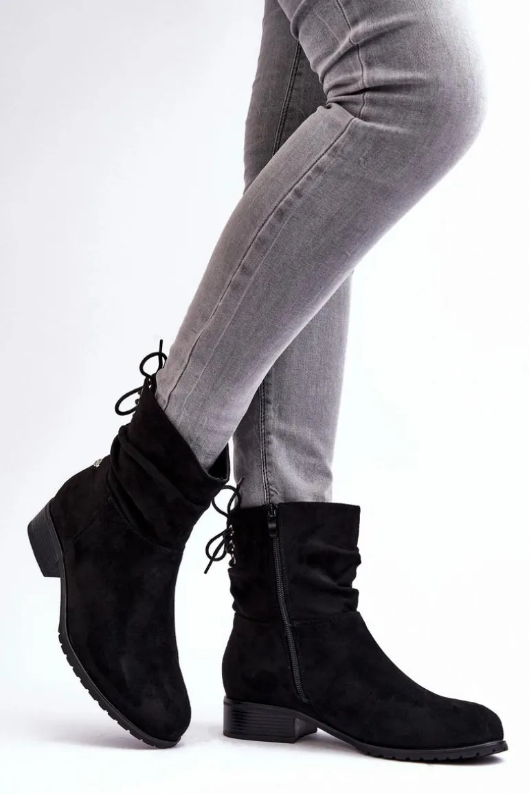 Damskie Zamszowe Botki Na Płaskim Obcasie Czarne Keresa