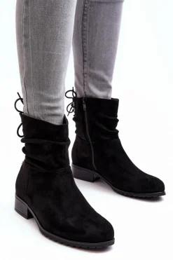 Damskie Zamszowe Botki Na Płaskim Obcasie Czarne Keresa