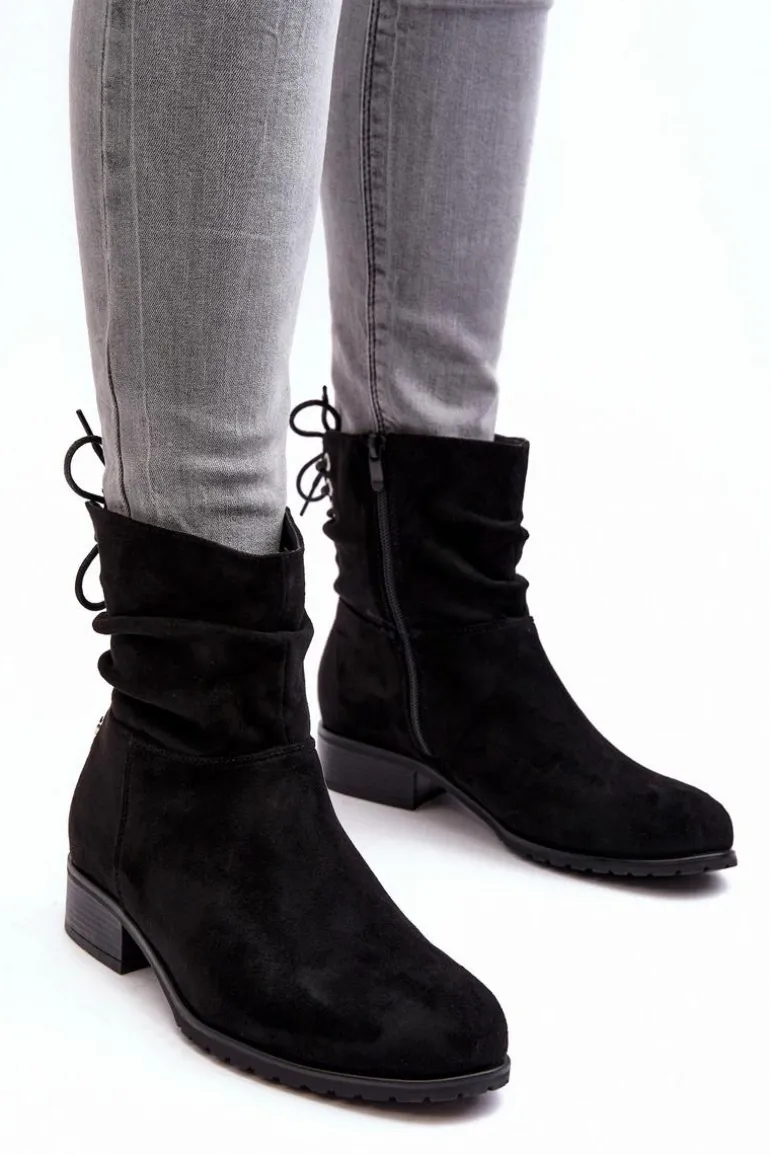 Damskie Zamszowe Botki Na Płaskim Obcasie Czarne Keresa