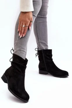 Damskie Zamszowe Botki Na Płaskim Obcasie Czarne Keresa