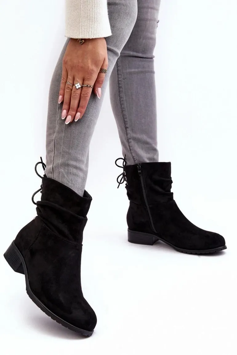 Damskie Zamszowe Botki Na Płaskim Obcasie Czarne Keresa