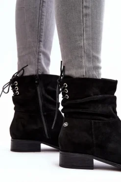 Damskie Zamszowe Botki Na Płaskim Obcasie Czarne Keresa