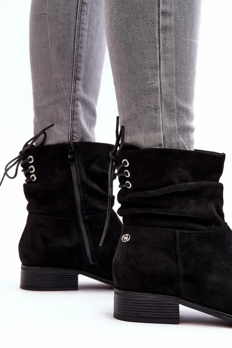 Damskie Zamszowe Botki Na Płaskim Obcasie Czarne Keresa