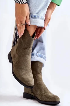 Damskie Zamszowe Botki Na Płaskim Obcasie Zielone Fiorenz
