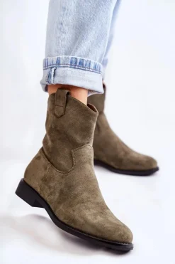 Damskie Zamszowe Botki Na Płaskim Obcasie Zielone Fiorenz