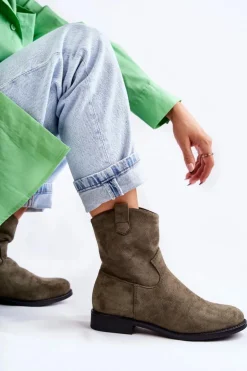 Damskie Zamszowe Botki Na Płaskim Obcasie Zielone Fiorenz