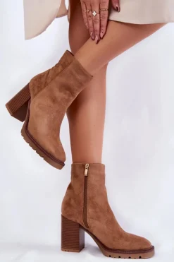Damskie Zamszowe Botki Na Słupku Z Suwakiem Camel Odette