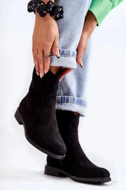 Damskie Zamszowe Botki Na Płaskim Obcasie Czarne Fiorenz