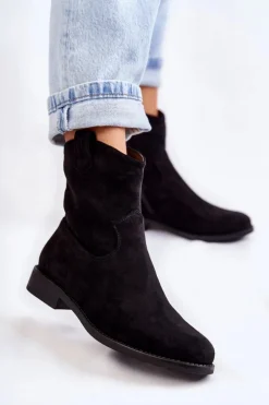 Damskie Zamszowe Botki Na Płaskim Obcasie Czarne Fiorenz