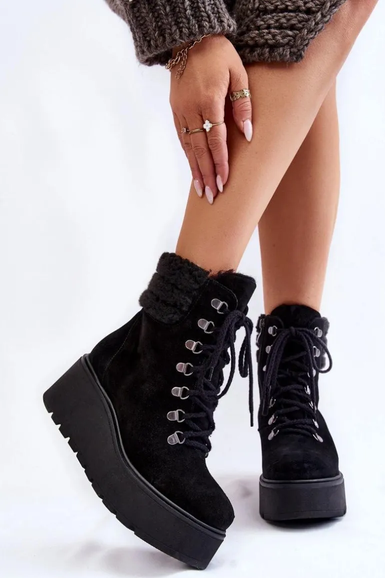 Damskie Zamszowe Botki Na Koturnie Czarne Lemar Meniko