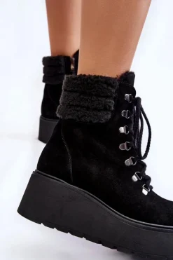 Damskie Zamszowe Botki Na Koturnie Czarne Lemar Meniko