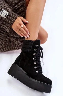 Damskie Zamszowe Botki Na Koturnie Czarne Lemar Meniko