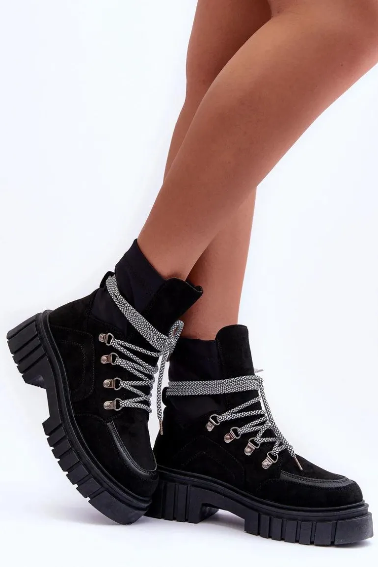 Damskie Zamszowe Botki Sznurowane Czarne Acorn