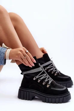 Damskie Zamszowe Botki Sznurowane Czarne Acorn