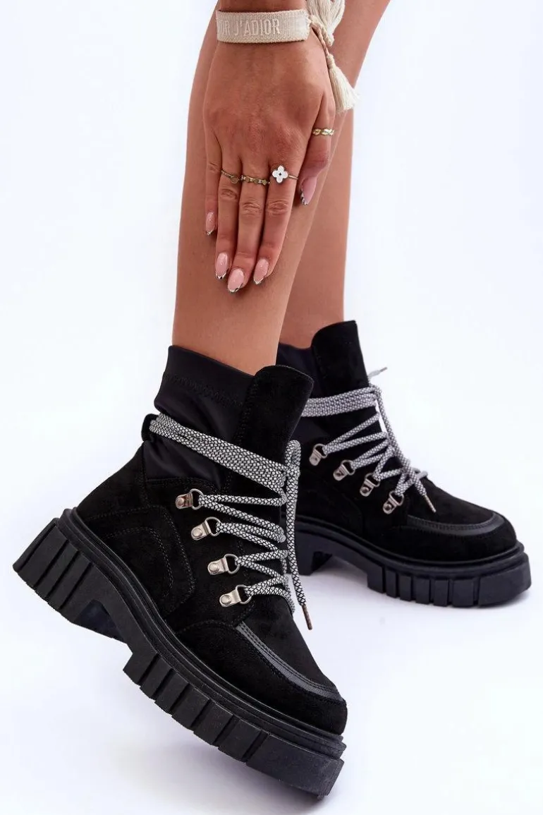 Damskie Zamszowe Botki Sznurowane Czarne Acorn