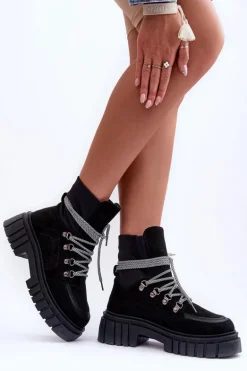 Damskie Zamszowe Botki Sznurowane Czarne Acorn